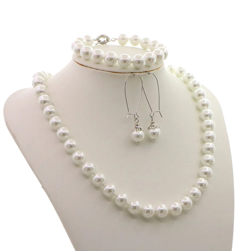 Pearl Necklace Set For Women 10mm White Round Shell Pearl Beads Necklace Bracelet Earrings Jewelry Gift Mothers Day