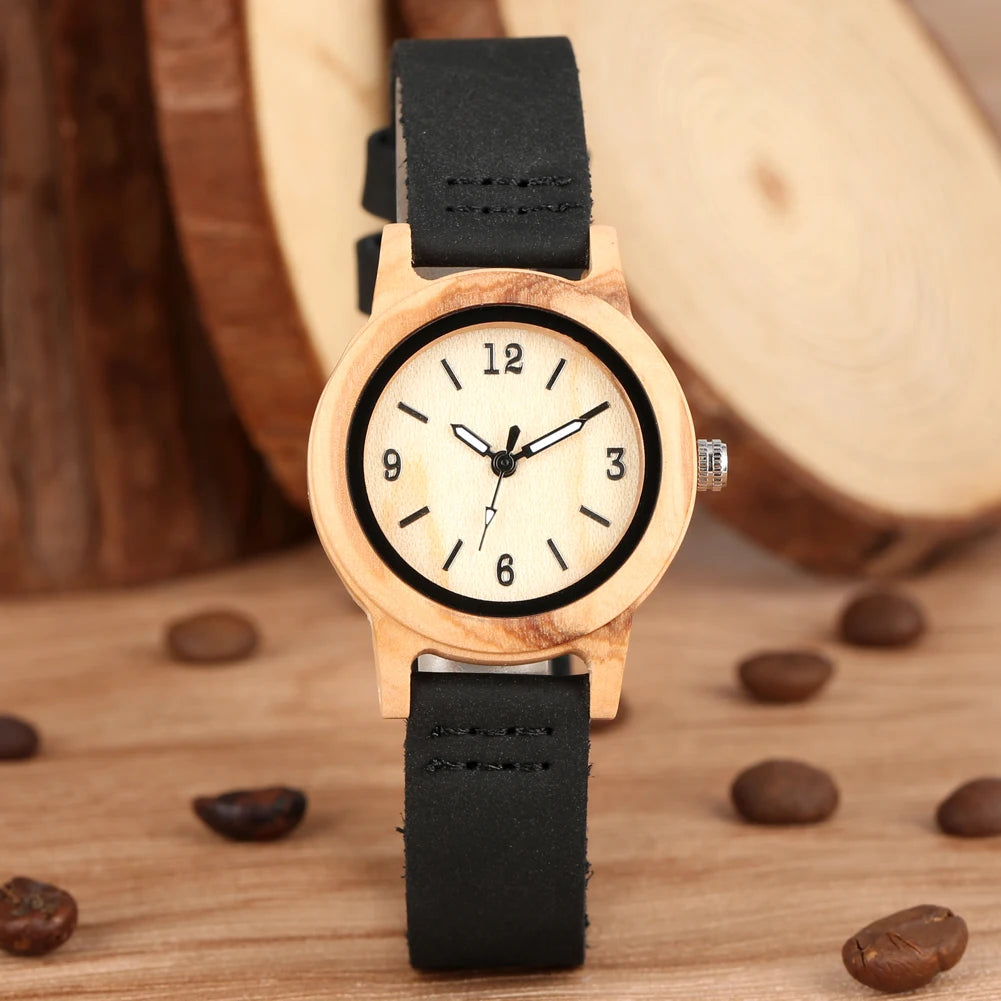 Brown Leather Wooden Watch Elegant Womens Quartz Timepiece