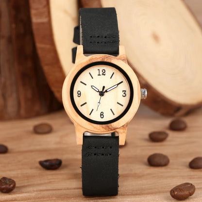 Brown Leather Wooden Watch Elegant Womens Quartz Timepiece