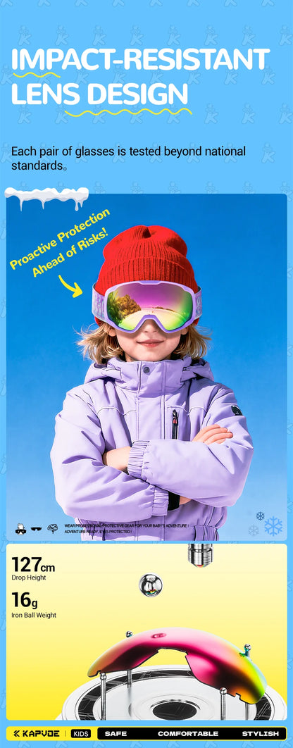 Kapvoe Child Snow Goggles UV400 Anti Fog Lenses Ski Snowboard Glasses