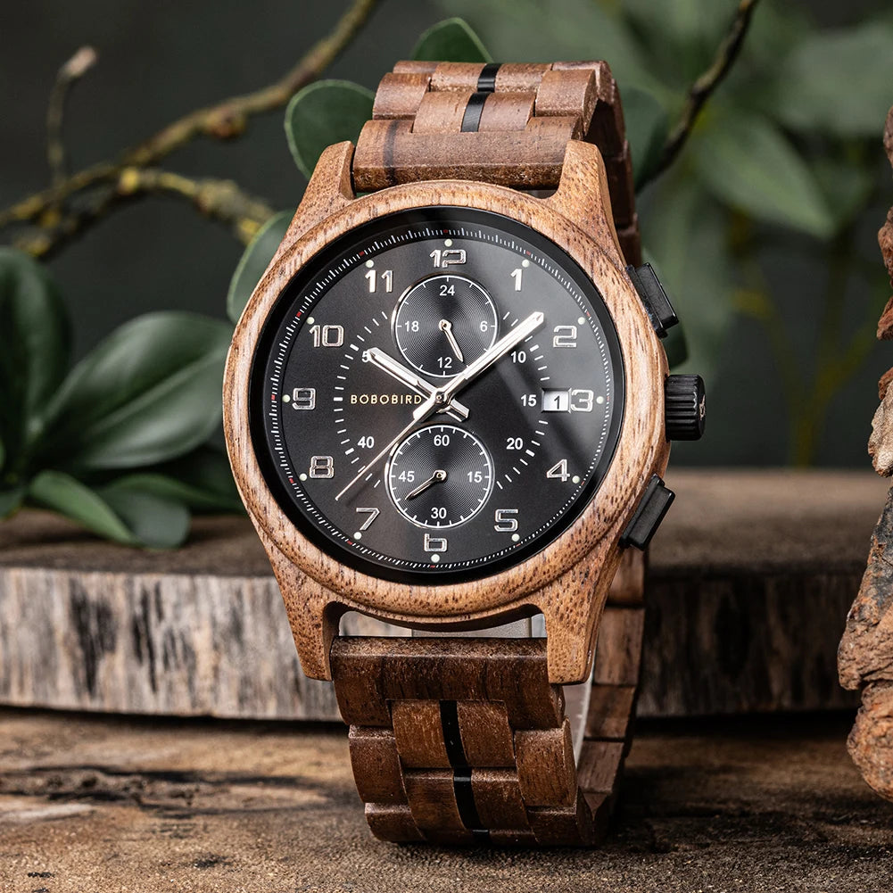 Bobo Bird Mens Wooden Chronograph Watch With Luminous Hands