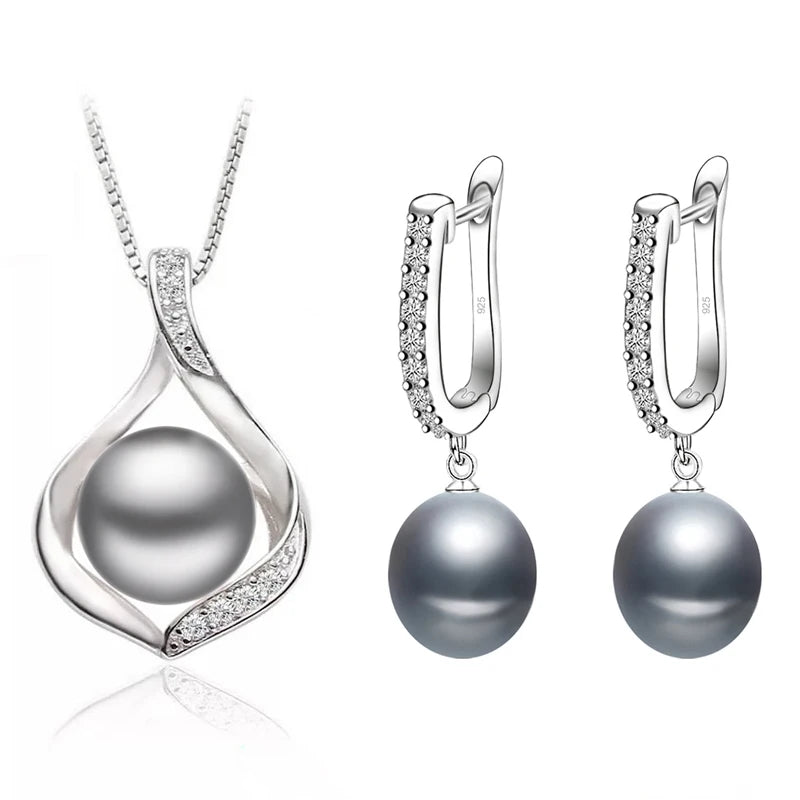 Real Natural Freshwater Pearl Necklace and Earrings Set for Women 925 Sterling Silver White Pearl Jewelry Gift