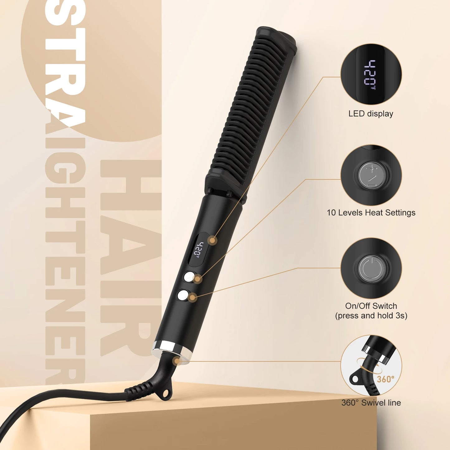 Hair Straightening Comb 240 to 420 F Negative Ion Ceramic Heating 360 Rotating