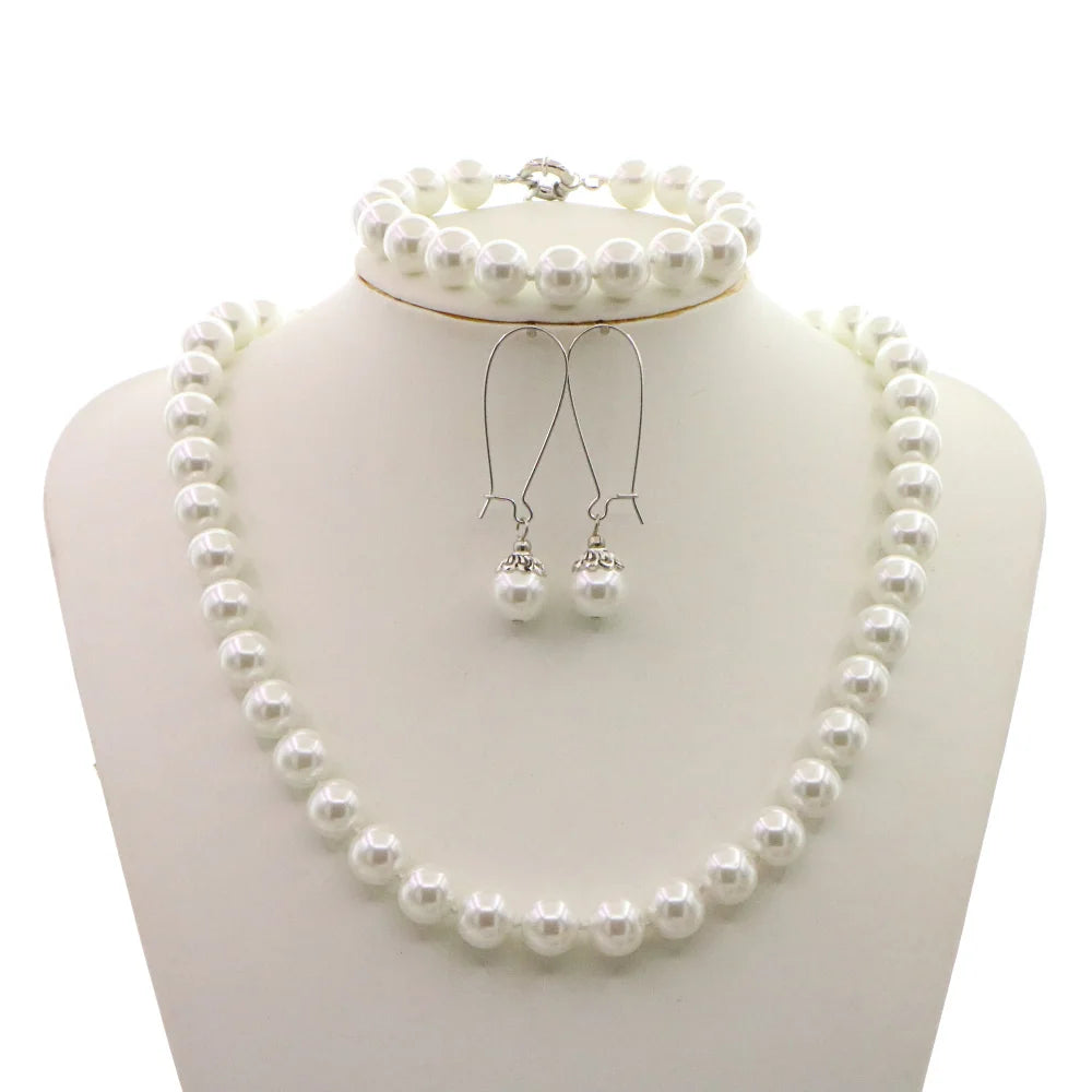 Pearl Necklace Set For Women 10mm White Round Shell Pearl Beads Necklace Bracelet Earrings Jewelry Gift Mothers Day