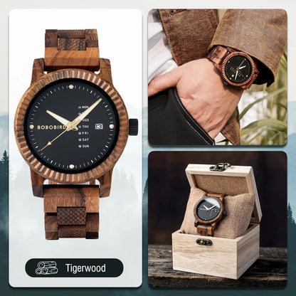 Bobo Bird Stylish Wooden Mens Watch Week And Date Display