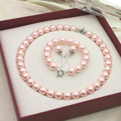 12mm Pink Pearl Jewelry Set For Women Necklace Bracelet Earrings Fashion Gift Sets For Mothers Day Anniversary Christmas
