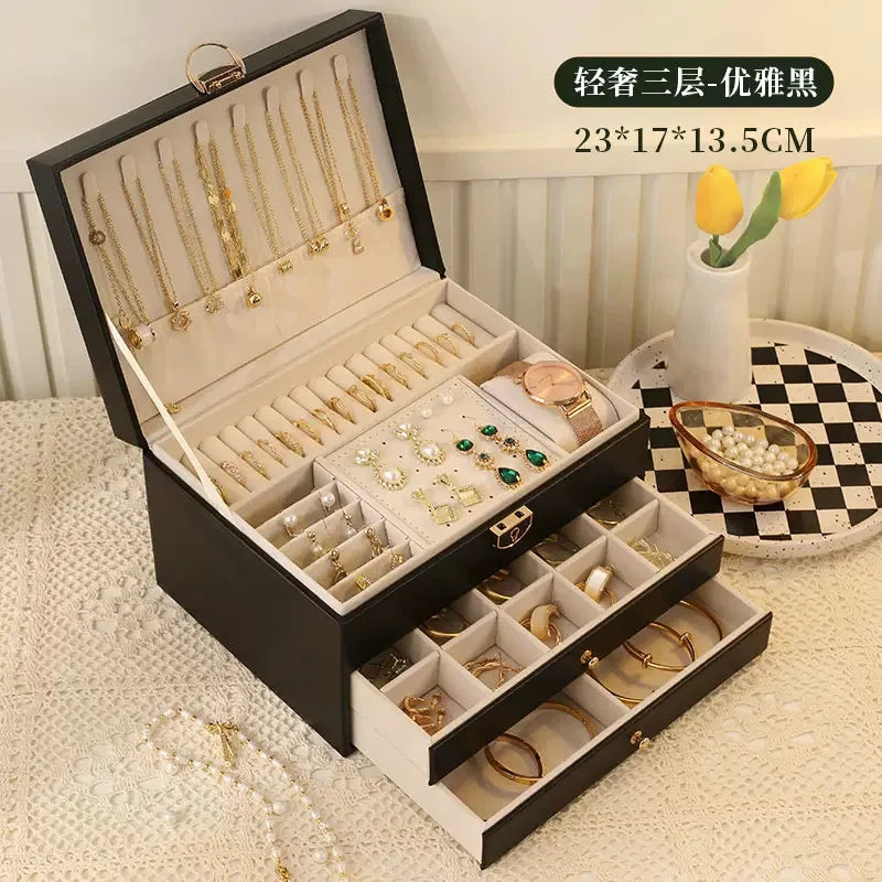 Three Layer Large Capacity Jewelry Storage Box With Compartments For Necklaces Bracelets Rings Watches And Earrings
