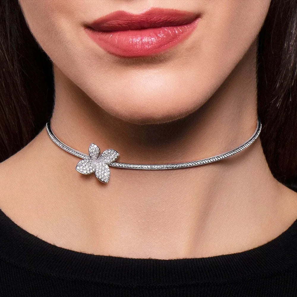 4 Piece Butterfly Flower Collar Necklace Earring Ring Set Rhinestone Jewelry For Women Bridal Open Choker Wedding