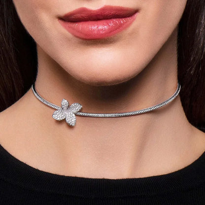 4 Piece Butterfly Flower Collar Necklace Earring Ring Set Rhinestone Jewelry For Women Bridal Open Choker Wedding