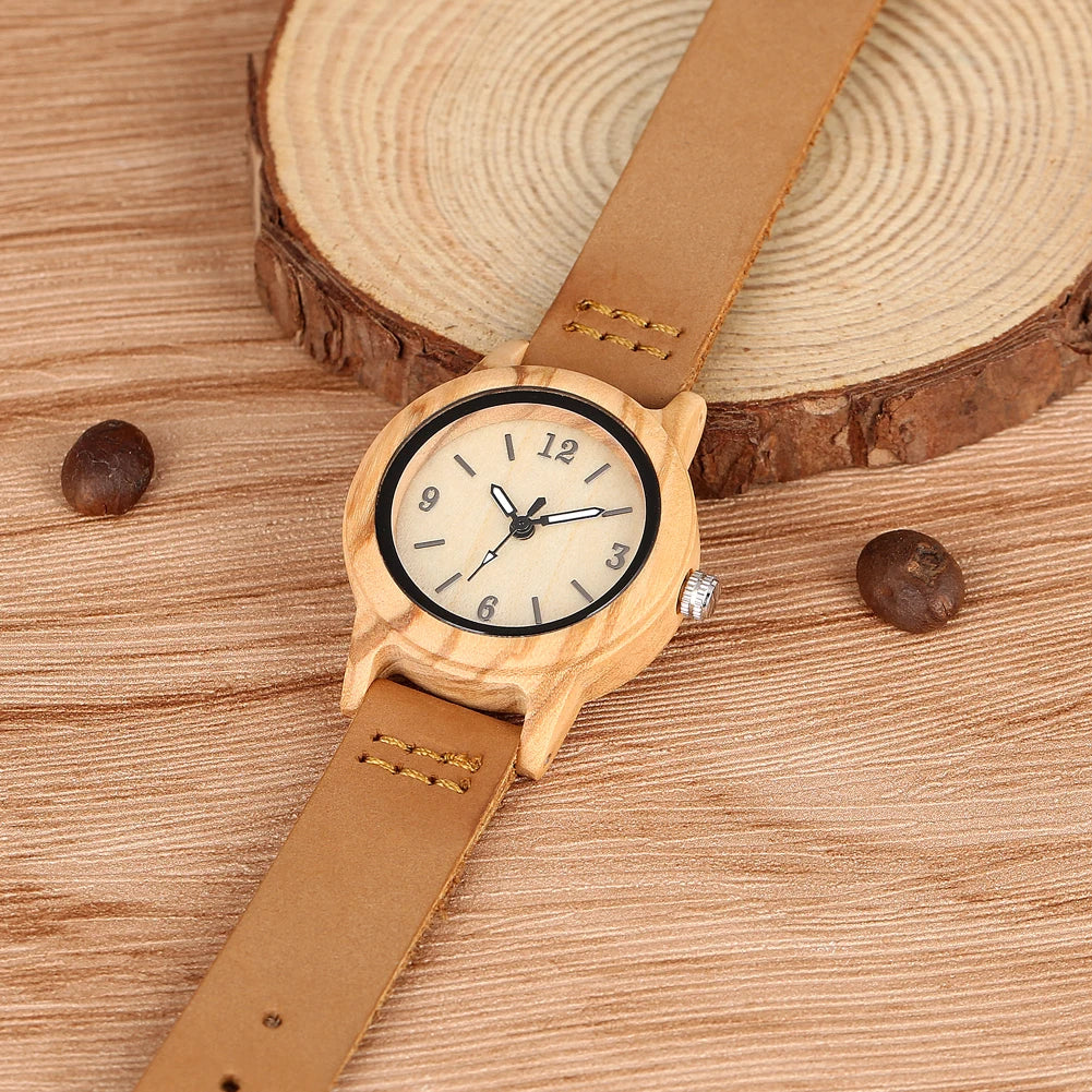 Brown Leather Wooden Watch Elegant Womens Quartz Timepiece
