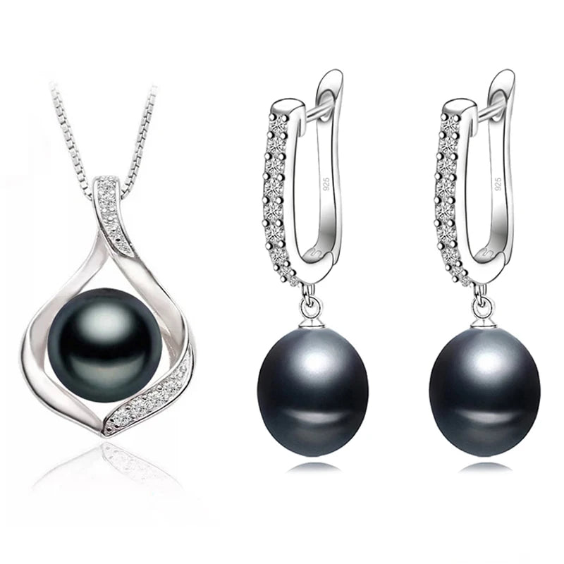 Real Natural Freshwater Pearl Necklace and Earrings Set for Women 925 Sterling Silver White Pearl Jewelry Gift