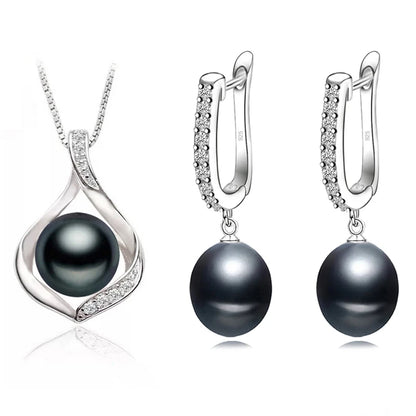 Real Natural Freshwater Pearl Necklace and Earrings Set for Women 925 Sterling Silver White Pearl Jewelry Gift