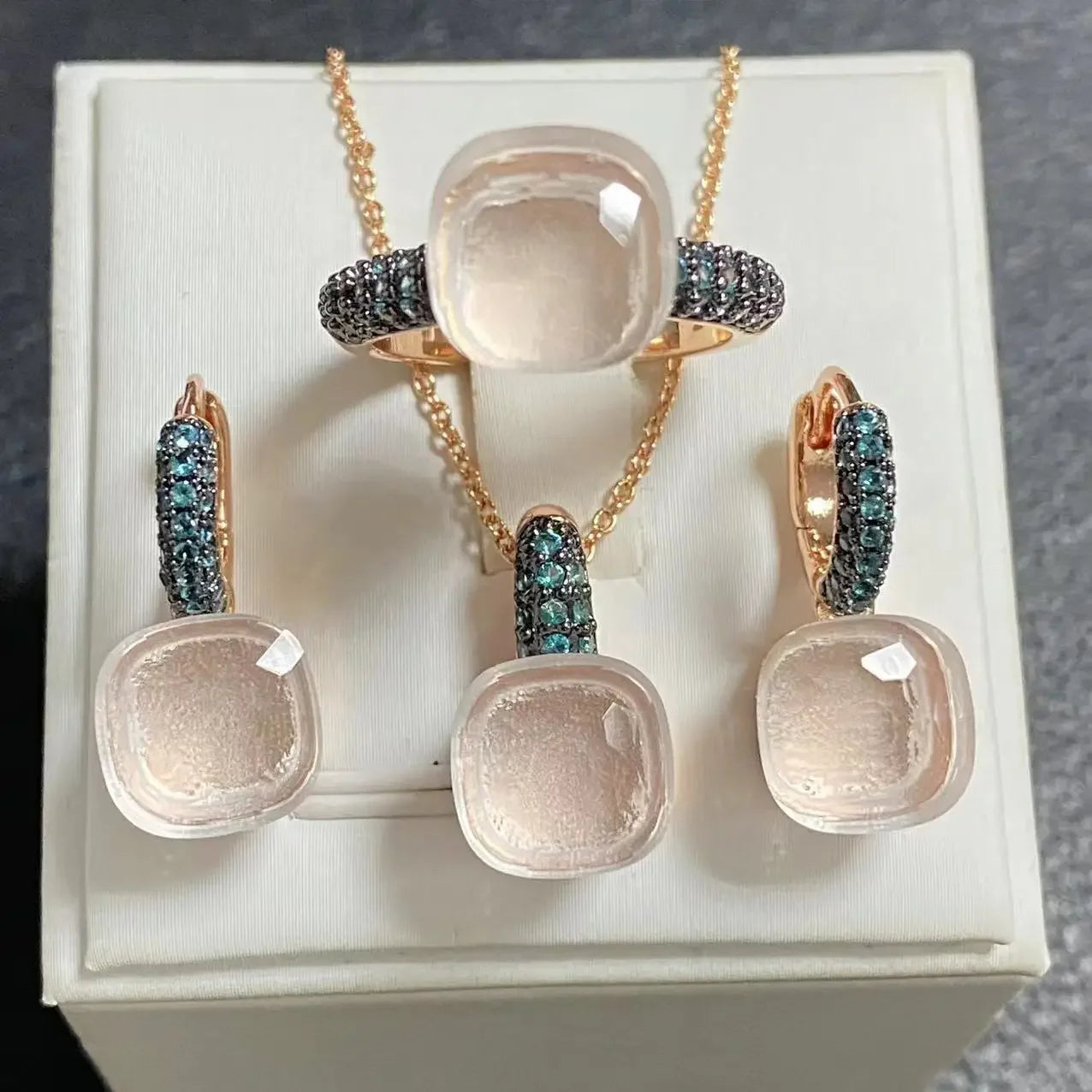 Gun Black Plated Blue Zircon Jewelry Set for Women Includes Ring Earrings Necklace Elegant Crystal Blue Topaz Gift