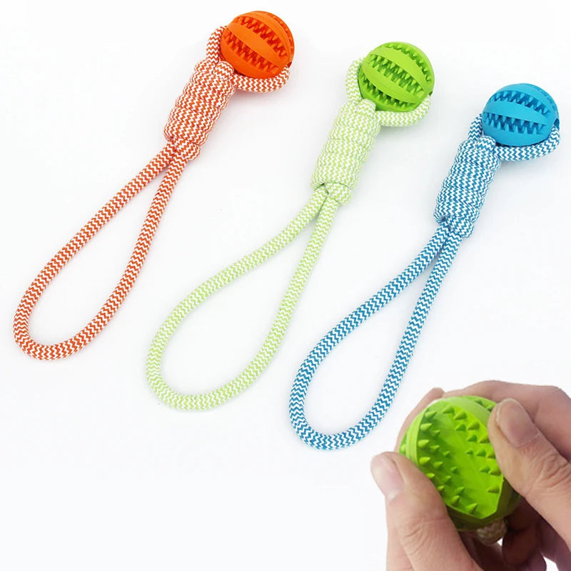 Dog Tooth Cleaning Ball Toy With Rope Rubber Chew Toy For All Sizes