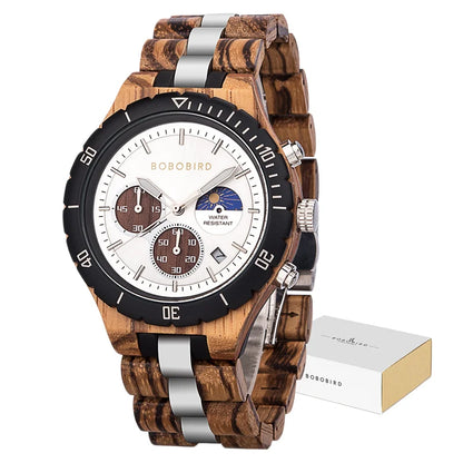 Bobo Bird Men Wooden Watch Sun Moon Display Luxury Elite