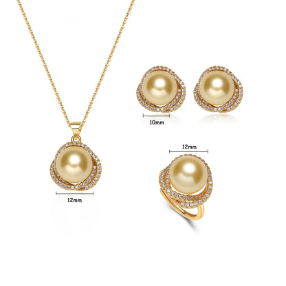 12mm Pearl Necklace Set for Women Pendant Ring and Earrings White Round Pearl Jewelry Gift for Wedding Party