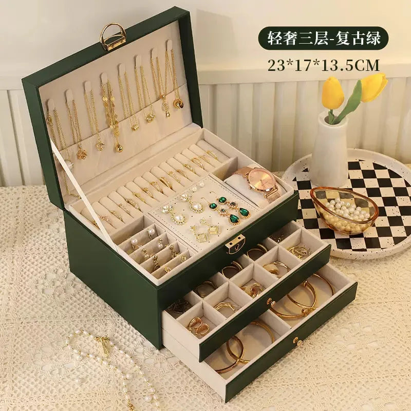 Three Layer Large Capacity Jewelry Storage Box With Compartments For Necklaces Bracelets Rings Watches And Earrings