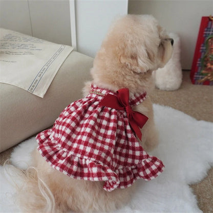 Autumn Winter Embroidered Strap Plaid Bow Skirt And Coat For Small Medium Dogs