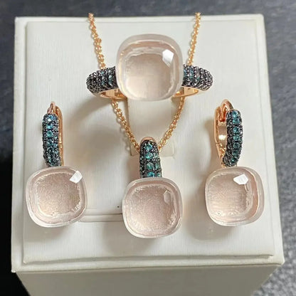 Gun Black Plated Blue Zircon Jewelry Set for Women Includes Ring Earrings Necklace Elegant Crystal Blue Topaz Gift