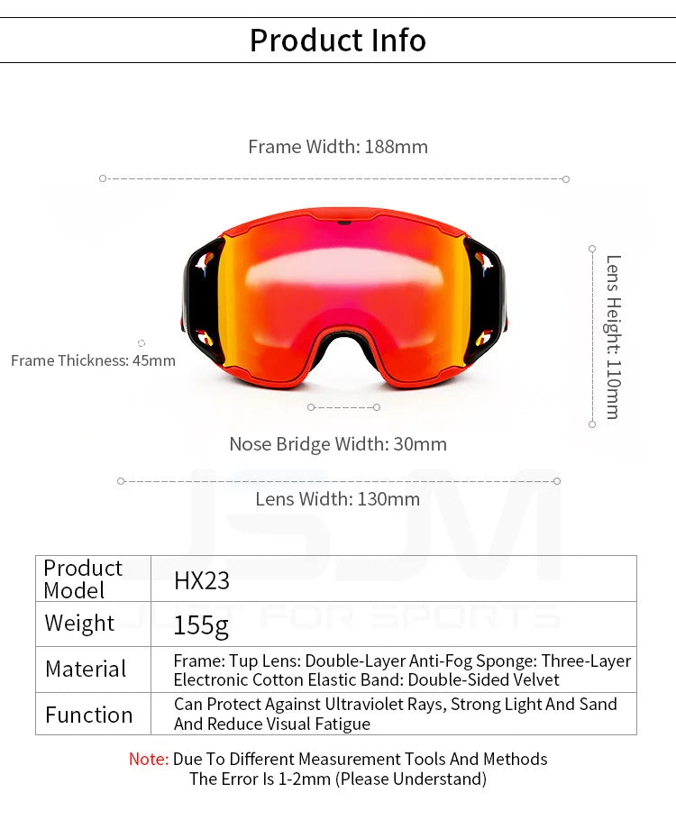 JSJM Double Layer Anti Fog Ski Goggles UV400 Protection for Snowboard Snowmobile