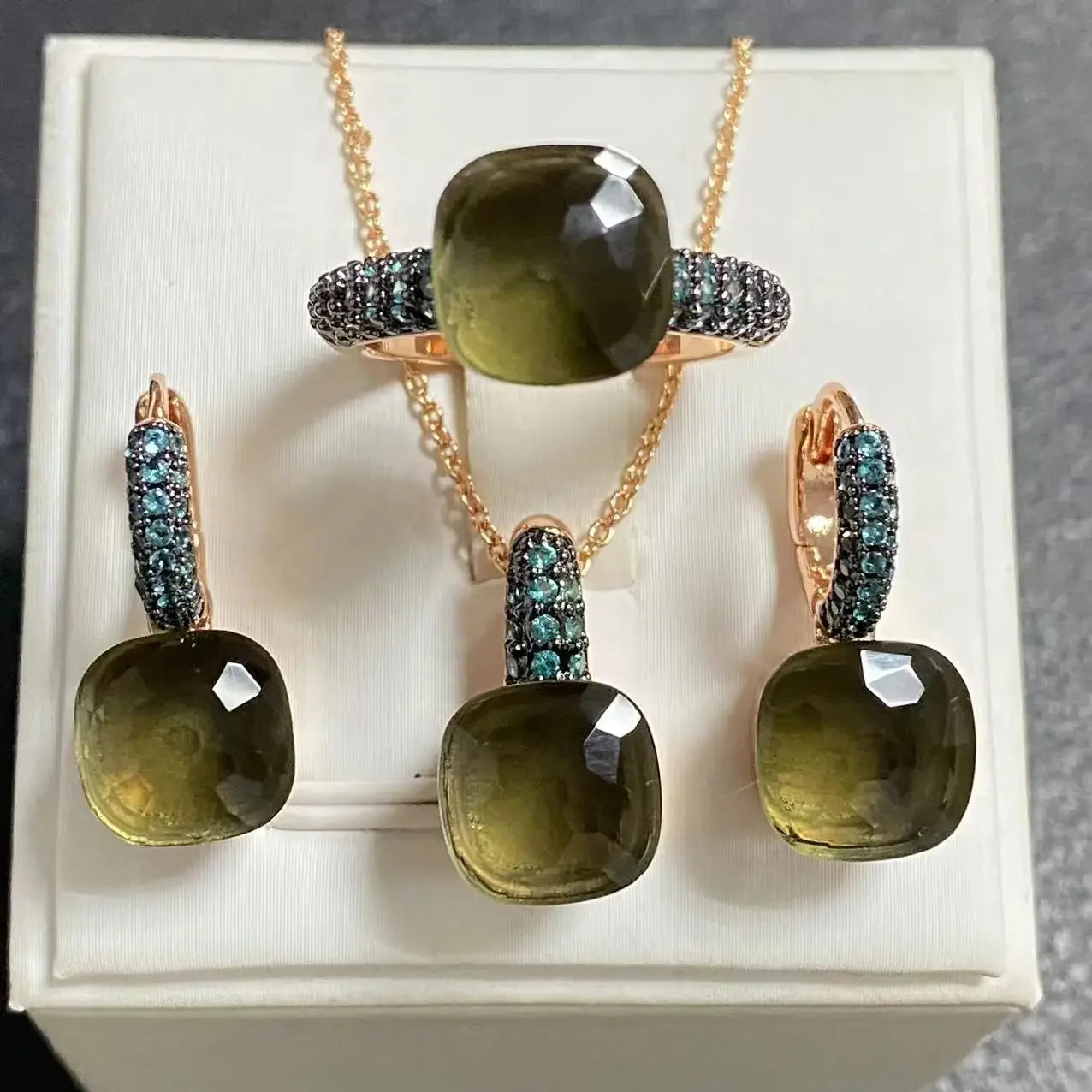 Gun Black Plated Blue Zircon Jewelry Set for Women Includes Ring Earrings Necklace Elegant Crystal Blue Topaz Gift