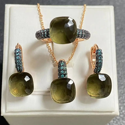 Gun Black Plated Blue Zircon Jewelry Set for Women Includes Ring Earrings Necklace Elegant Crystal Blue Topaz Gift