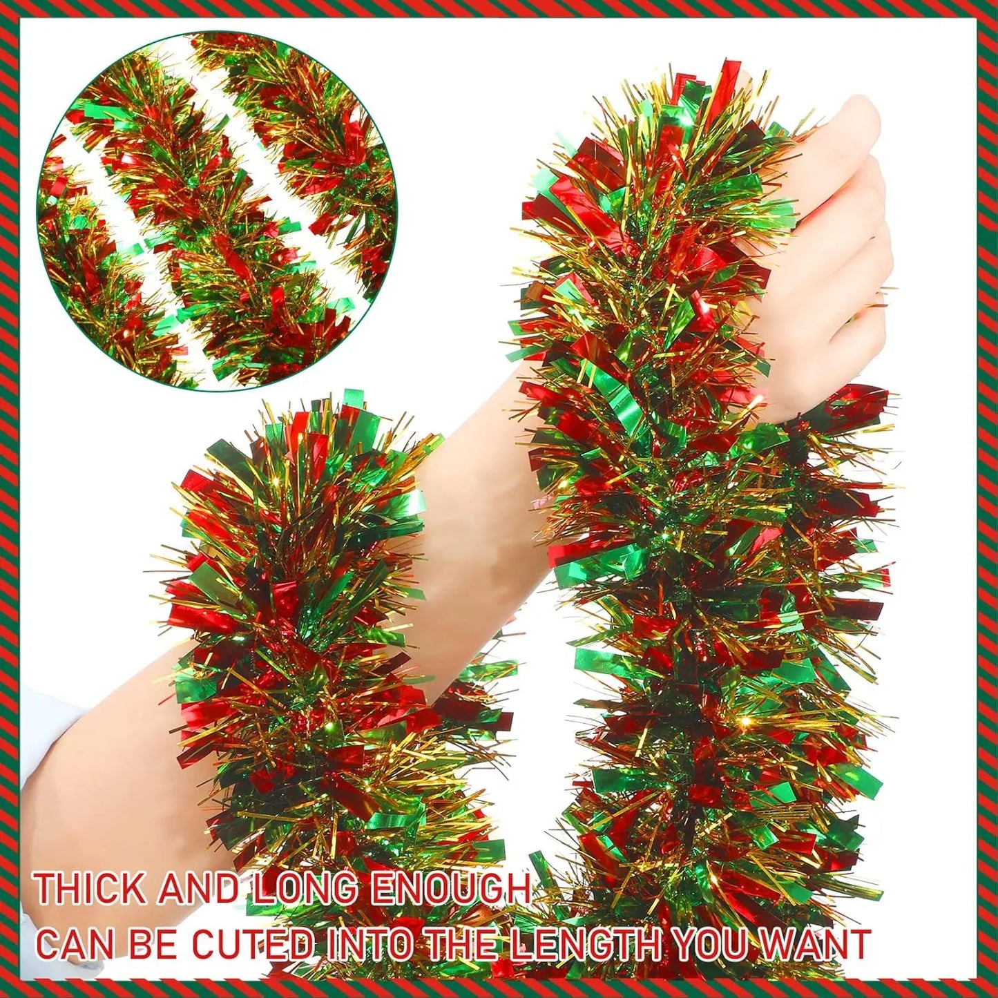 Christmas Tinsel Garlands 50M Red Green Decoration for Bar Tops Wreath Tree