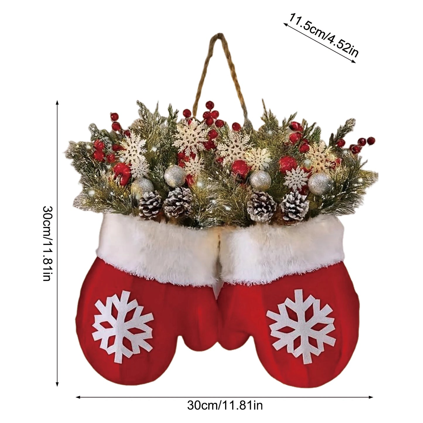 Glove-shaped Christmas garland wreath with greenery, pinecones, red berries, and snowflake mittens for door or window.