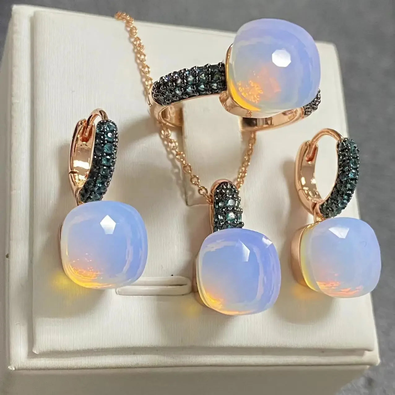 Gun Black Plated Blue Zircon Jewelry Set for Women Includes Ring Earrings Necklace Elegant Crystal Blue Topaz Gift