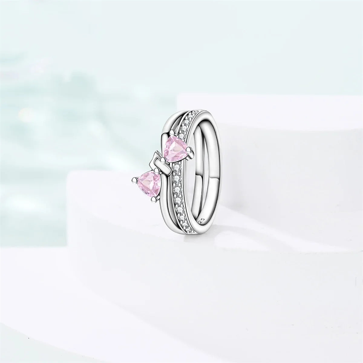925 Sterling Silver Pink Bow Heart Crystal Jewelry Set Ring Necklace Earrings Romantic Wedding Gift