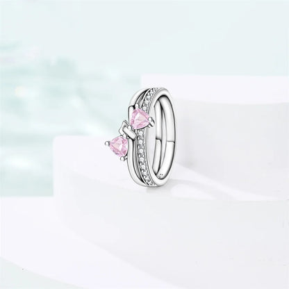 925 Sterling Silver Pink Bow Heart Crystal Jewelry Set Ring Necklace Earrings Romantic Wedding Gift