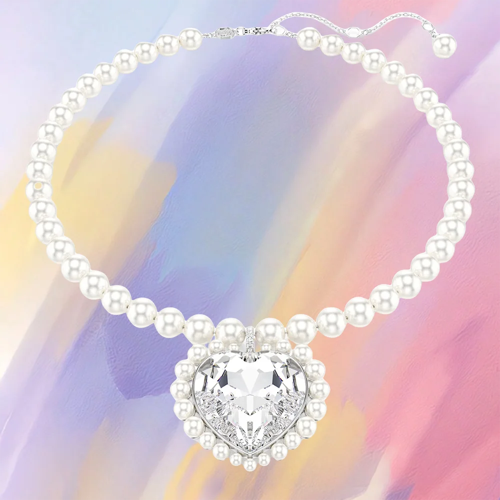 Elegant Heart Shaped Jewelry Set Necklace Earrings Bracelet With Zircon Stones And Pearls For Special Occasions