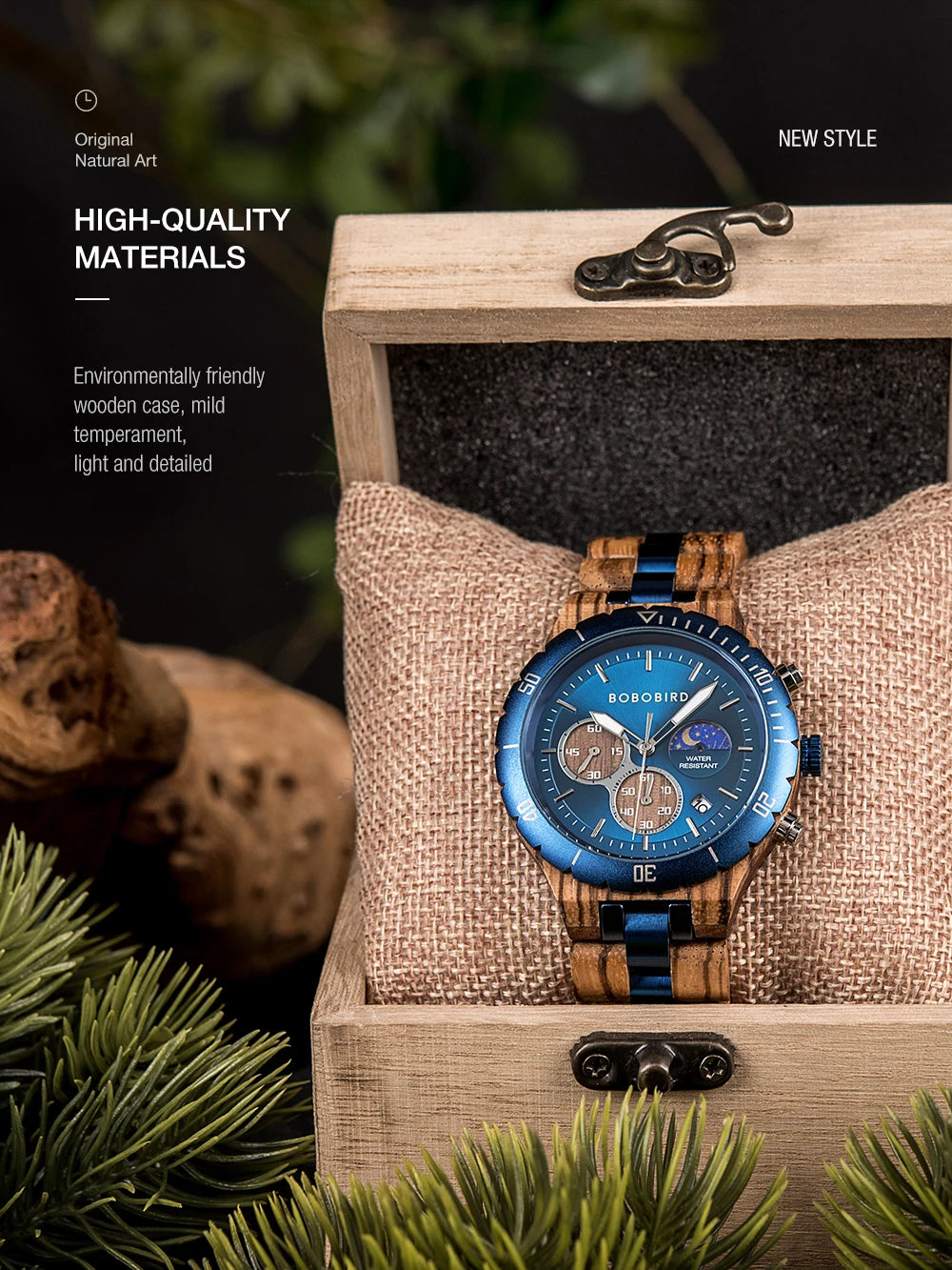 Bobo Bird Men Wooden Watch Sun Moon Display Luxury Elite