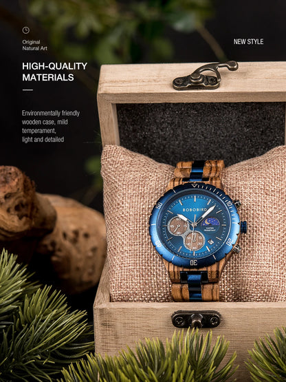 Bobo Bird Men Wooden Watch Sun Moon Display Luxury Elite