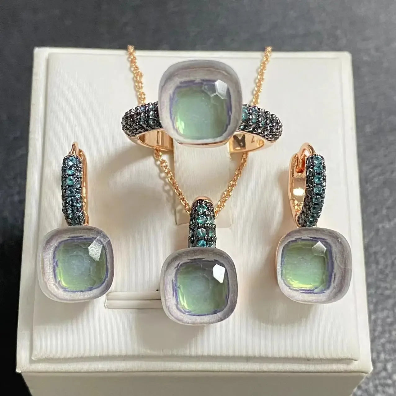 Gun Black Plated Blue Zircon Jewelry Set for Women Includes Ring Earrings Necklace Elegant Crystal Blue Topaz Gift