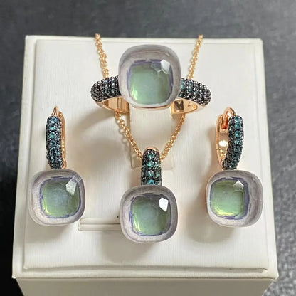 Gun Black Plated Blue Zircon Jewelry Set for Women Includes Ring Earrings Necklace Elegant Crystal Blue Topaz Gift