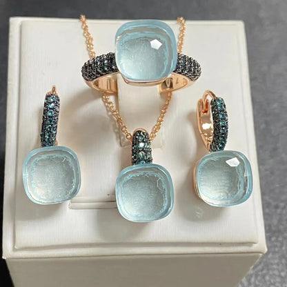 Gun Black Plated Blue Zircon Jewelry Set for Women Includes Ring Earrings Necklace Elegant Crystal Blue Topaz Gift