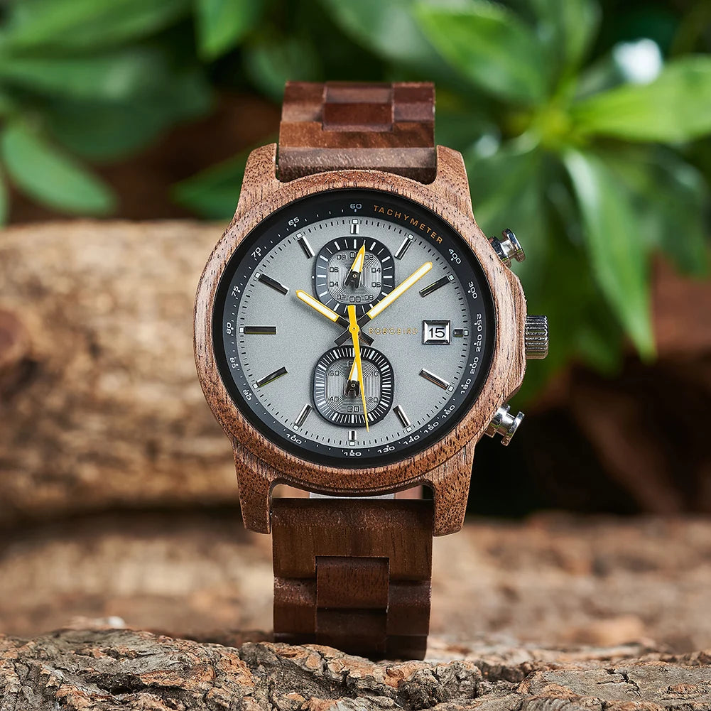 Bobo Bird Wood Watch For Men Luxury Chronograph Auto Date