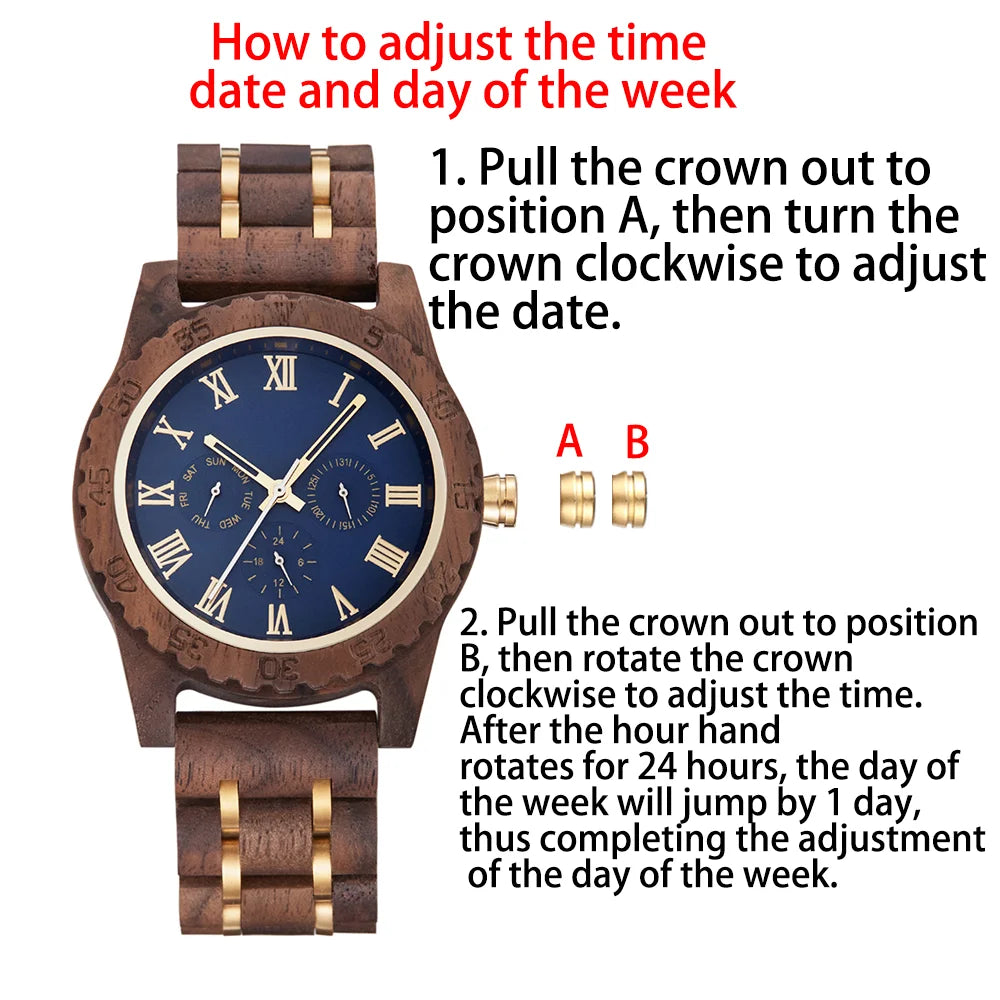 Wooden Men Wristwatch Quartz Date Week Wood Box Gift
