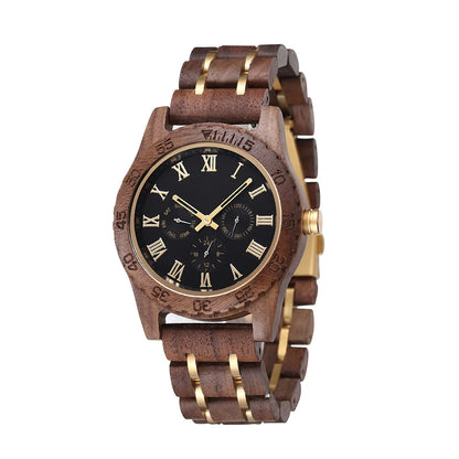 Wooden Men Wristwatch Quartz Date Week Wood Box Gift