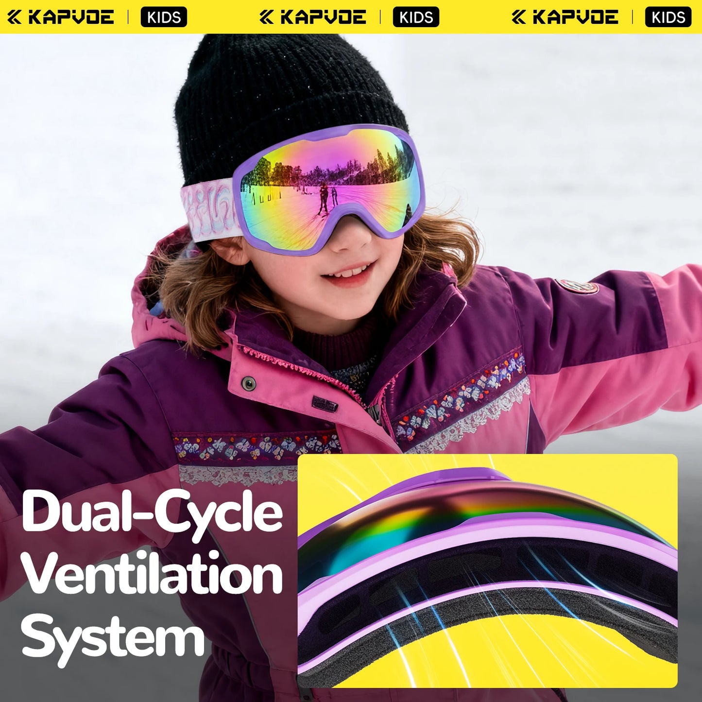 Kapvoe Child Snow Goggles UV400 Anti Fog Lenses Ski Snowboard Glasses
