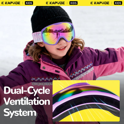 Kapvoe Child Snow Goggles UV400 Anti Fog Lenses Ski Snowboard Glasses