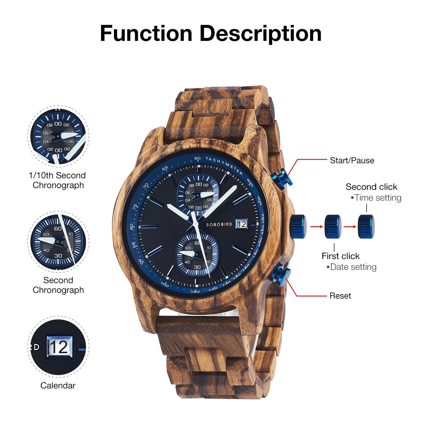 Bobo Bird Wood Watch For Men Luxury Chronograph Auto Date