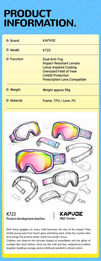 Kapvoe Child Snow Goggles UV400 Anti Fog Lenses Ski Snowboard Glasses