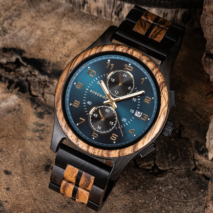 Bobo Bird Mens Wooden Chronograph Watch With Luminous Hands