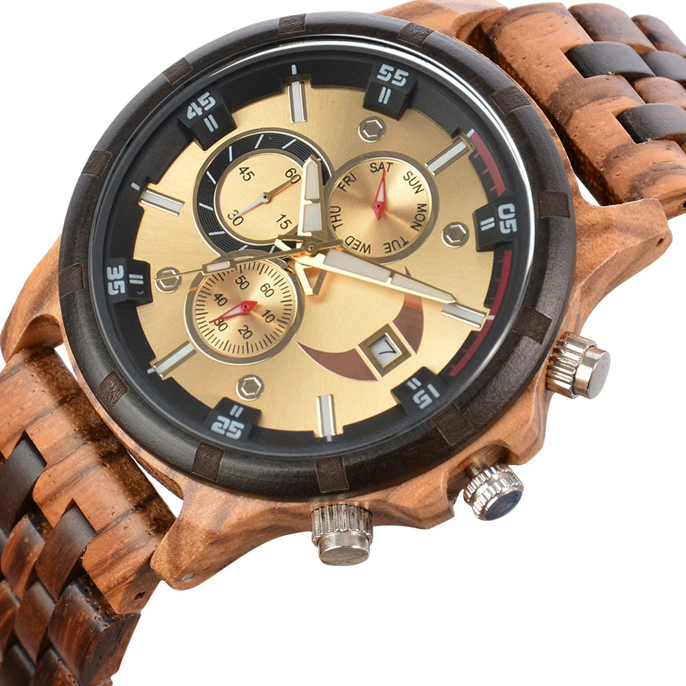 Wooden Mens Quartz Wristwatch With Date Week Display Box