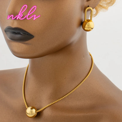 Fashion Bead Pendant Jewelry Set For Women Clip Earrings Gold Color Necklace Daily Wear Two Piece Trendy Accessories