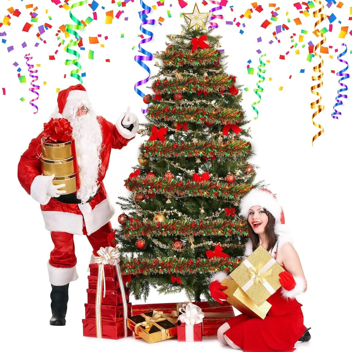 Christmas Tinsel Garlands 50M Red Green Decoration for Bar Tops Wreath Tree