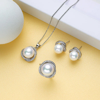 12mm Pearl Necklace Set for Women Pendant Ring and Earrings White Round Pearl Jewelry Gift for Wedding Party