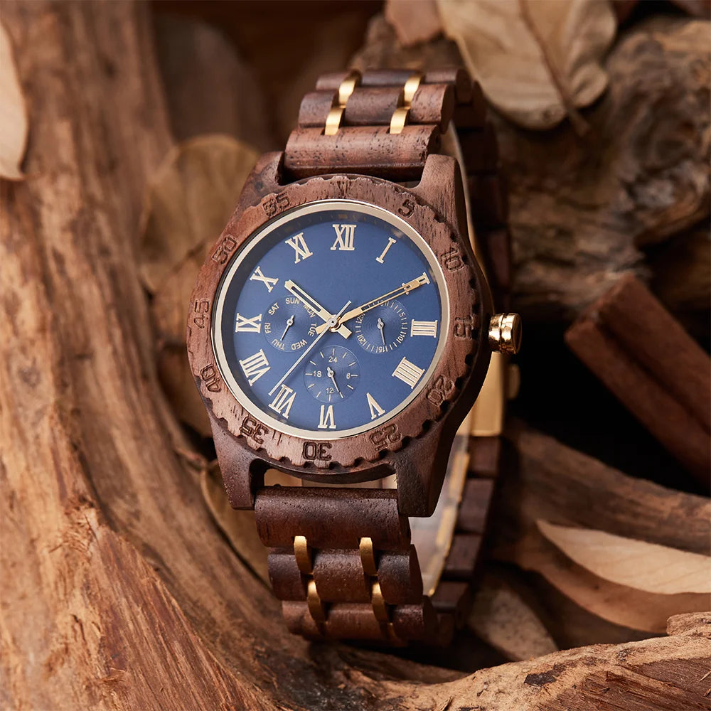 Wooden Men Wristwatch Quartz Date Week Wood Box Gift
